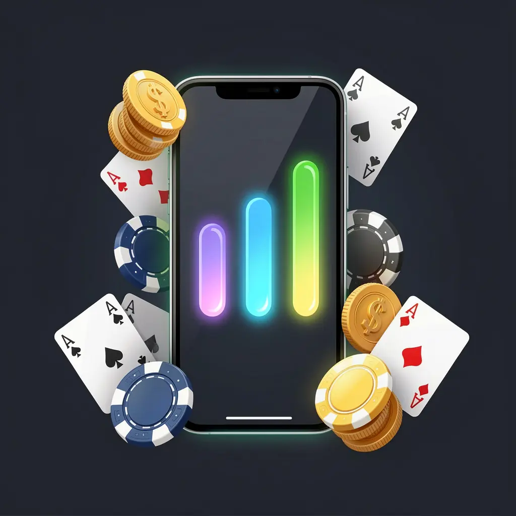 BOWBETT casino app installation on smartphone with glowing progress bar, surrounded by coins, chips, and cards on a dark background