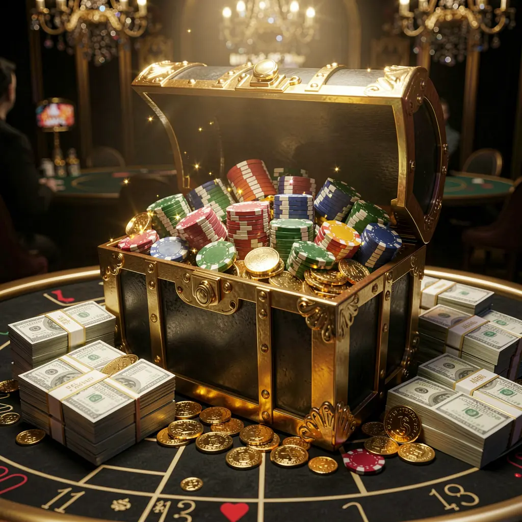 BOWBETT casino rewards scene featuring a golden treasure chest overflowing with chips, cash bundles, and sparkling coins in an elegant black and gold style with dramatic lighting