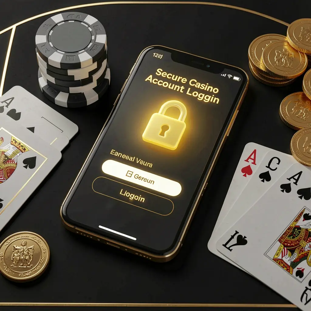 BOWBETT secure casino account login concept with glowing lock icon on smartphone screen surrounded by poker chips, playing cards, and golden coins on an elegant black and gold background