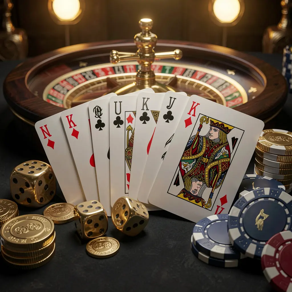 Elegant online casino homepage featuring BOWBETT brand with royal flush cards, dice, golden coins, poker chips on a dark table, and a glowing roulette wheel in the background in a cinematic 3D render